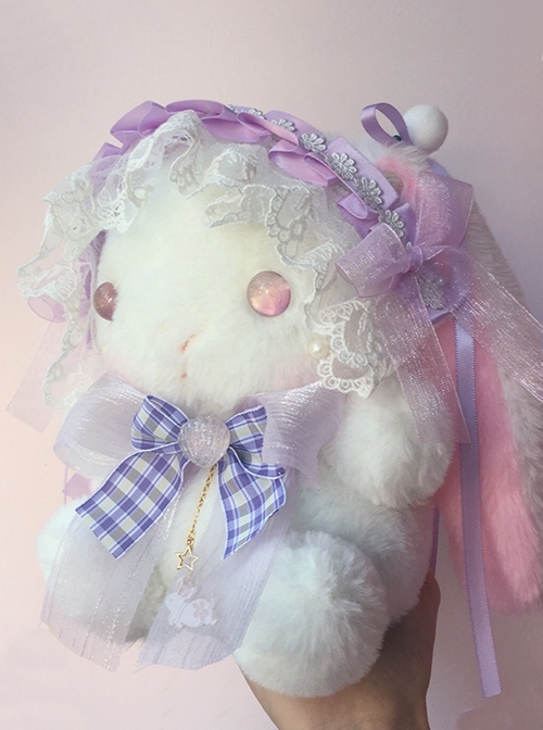 Cute Soft Girl Lace Gorgeous Bowknot Headband Plush Long-Eared Rabbit Doll Sweet Lolita Pearl Crossbody Bag Backpack