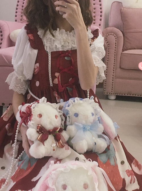 Cute Soft Girl Lace Gorgeous Bowknot Headband Plush Long-Eared Rabbit Doll Sweet Lolita Pearl Crossbody Bag Backpack