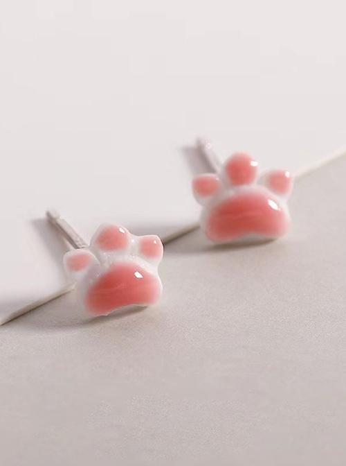 Daily Childlike Kawaii Fashion Sweet Cute Ceramic Pink Mini Cat Paw S925 Silver Needles Earrings