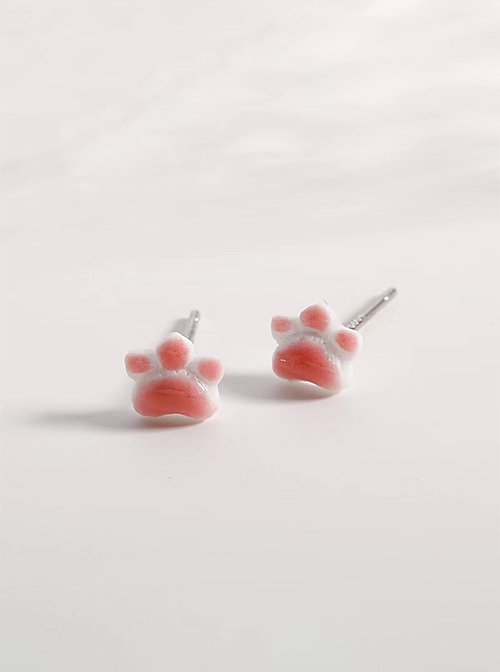 Daily Childlike Kawaii Fashion Sweet Cute Ceramic Pink Mini Cat Paw S925 Silver Needles Earrings