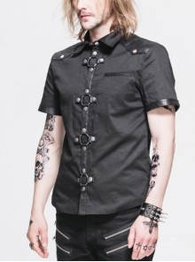 Punk Style Simple Pure Cotton Fabric Front Center Splicing Hot Air Bottom Metal Ring Buckle Design Black Daily Shirt