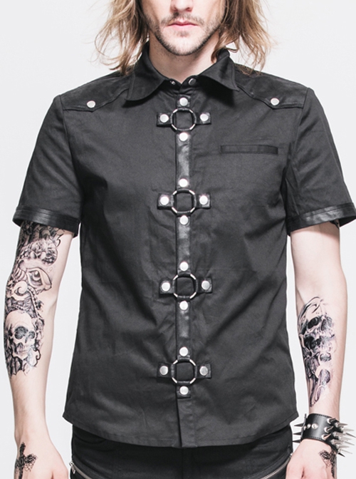 Punk Style Simple Pure Cotton Fabric Front Center Splicing Hot Air Bottom Metal Ring Buckle Design Black Daily Shirt