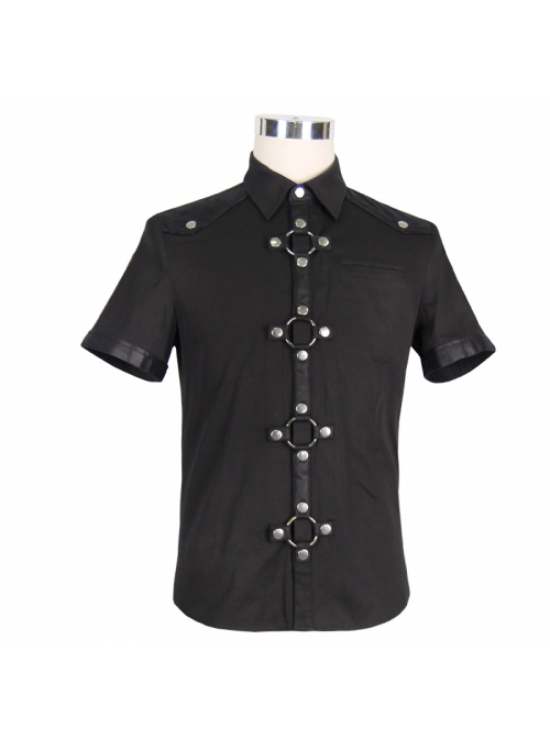 Punk Style Simple Pure Cotton Fabric Front Center Splicing Hot Air Bottom Metal Ring Buckle Design Black Daily Shirt