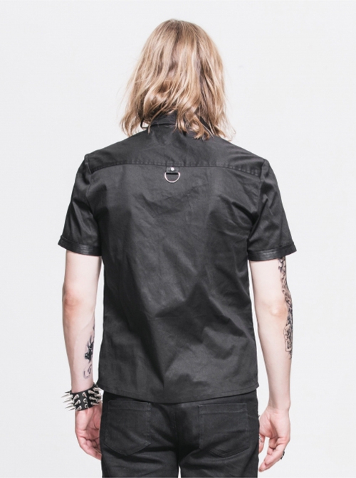 Punk Style Simple Pure Cotton Fabric Front Center Splicing Hot Air Bottom Metal Ring Buckle Design Black Daily Shirt