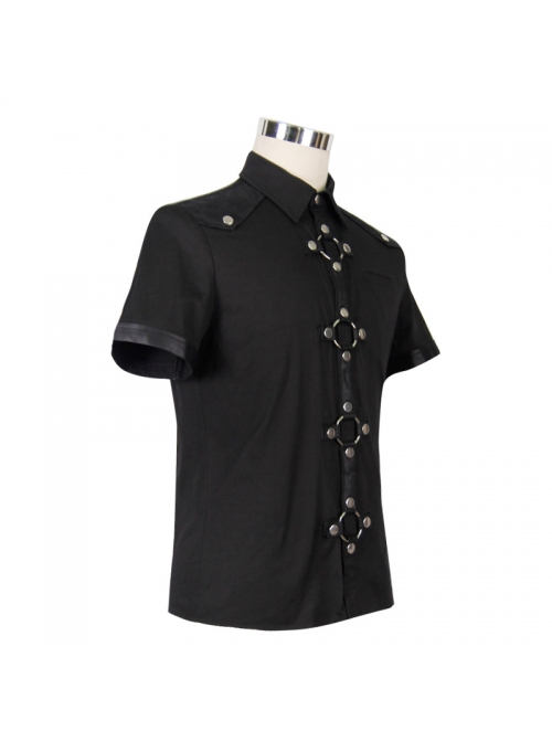 Punk Style Simple Pure Cotton Fabric Front Center Splicing Hot Air Bottom Metal Ring Buckle Design Black Daily Shirt