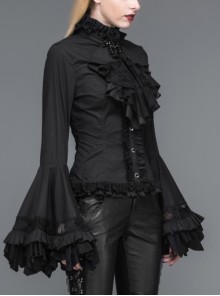 Gothic Style Gorgeous Solid Color Lace Splicing Trumpet Sleeve Ruffled Black Cotton Lace Up Shirt