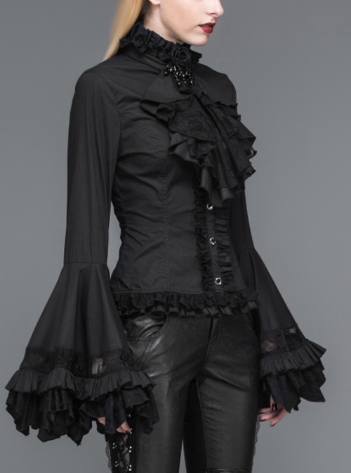 Gothic Style Gorgeous Solid Color Lace Splicing Trumpet Sleeve Ruffled Black Cotton Lace Up Shirt