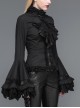 Gothic Style Gorgeous Solid Color Lace Splicing Trumpet Sleeve Ruffled Black Cotton Lace Up Shirt