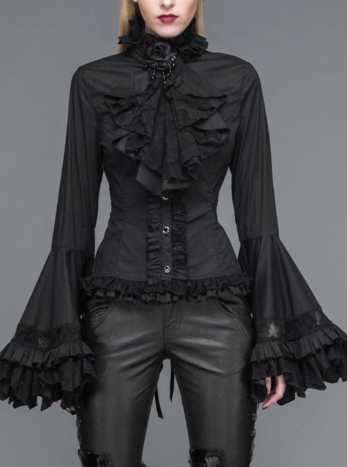 Gothic Style Gorgeous Solid Color Lace Splicing Trumpet Sleeve Ruffled Black Cotton Lace Up Shirt