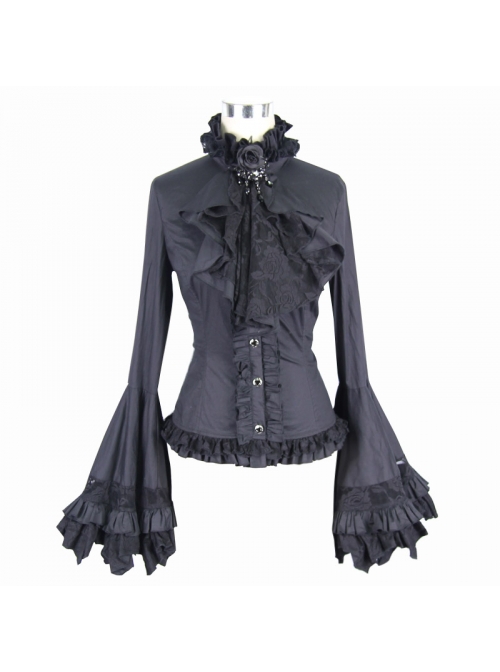 Gothic Style Gorgeous Solid Color Lace Splicing Trumpet Sleeve Ruffled Black Cotton Lace Up Shirt