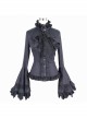 Gothic Style Gorgeous Solid Color Lace Splicing Trumpet Sleeve Ruffled Black Cotton Lace Up Shirt