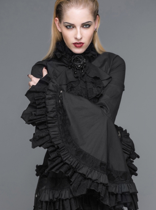 Gothic Style Gorgeous Solid Color Lace Splicing Trumpet Sleeve Ruffled Black Cotton Lace Up Shirt