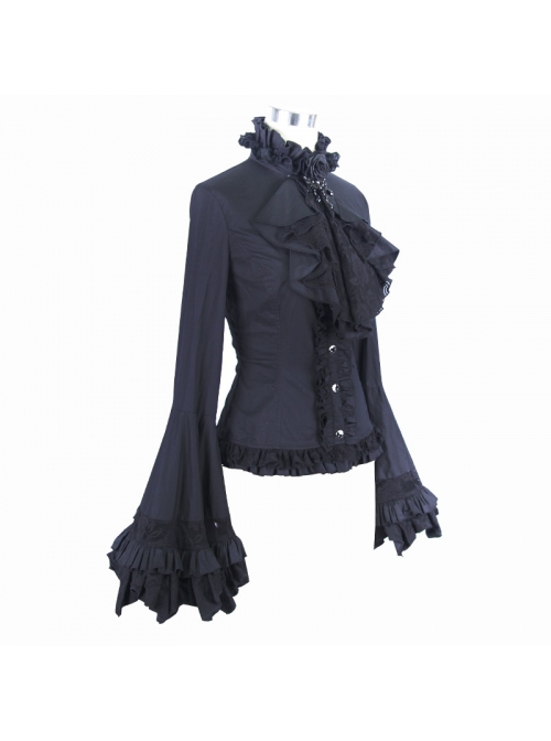 Gothic Style Gorgeous Solid Color Lace Splicing Trumpet Sleeve Ruffled Black Cotton Lace Up Shirt