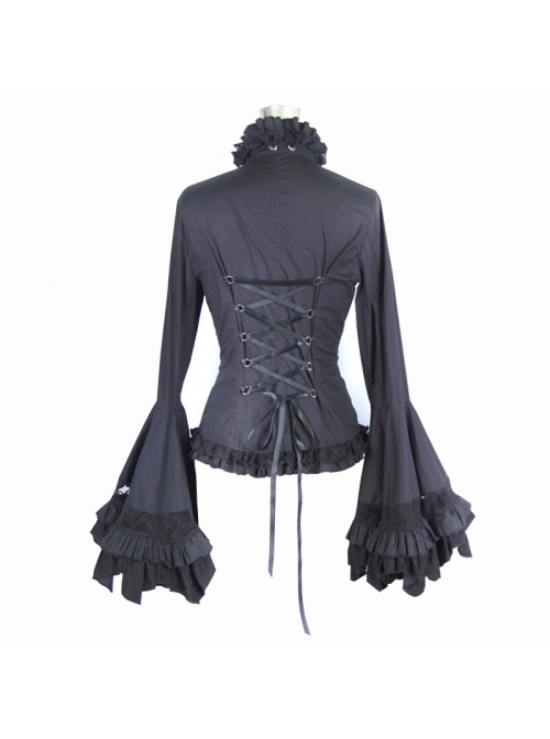 Gothic Style Gorgeous Solid Color Lace Splicing Trumpet Sleeve Ruffled Black Cotton Lace Up Shirt