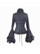 Gothic Style Gorgeous Solid Color Lace Splicing Trumpet Sleeve Ruffled Black Cotton Lace Up Shirt