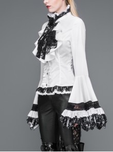 Gothic Style Gorgeous Solid Color Lace Splicing Trumpet Sleeve Ruffled White Cotton Lace Up Shirt