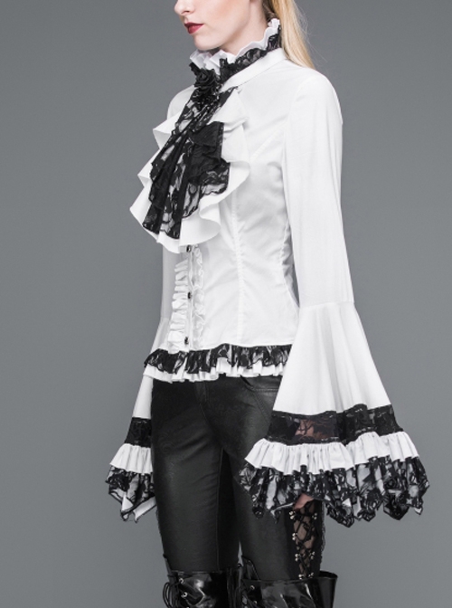 Gothic Style Gorgeous Solid Color Lace Splicing Trumpet Sleeve Ruffled White Cotton Lace Up Shirt