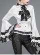 Gothic Style Gorgeous Solid Color Lace Splicing Trumpet Sleeve Ruffled White Cotton Lace Up Shirt