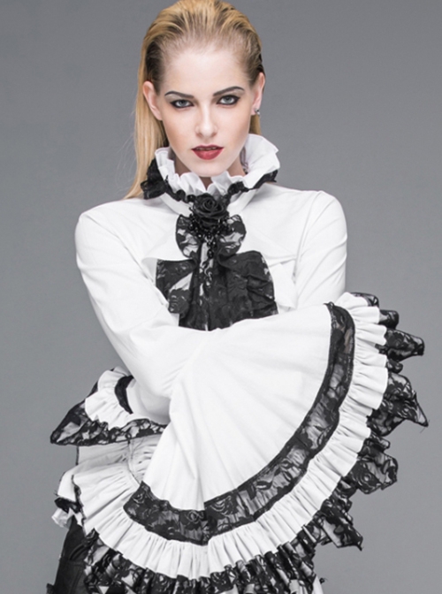 Gothic Style Gorgeous Solid Color Lace Splicing Trumpet Sleeve Ruffled White Cotton Lace Up Shirt