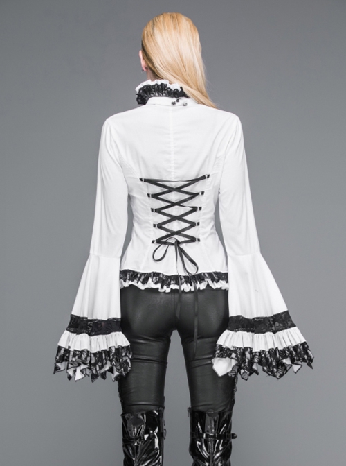 Gothic Style Gorgeous Solid Color Lace Splicing Trumpet Sleeve Ruffled White Cotton Lace Up Shirt