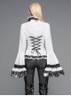 Gothic Style Gorgeous Solid Color Lace Splicing Trumpet Sleeve Ruffled White Cotton Lace Up Shirt