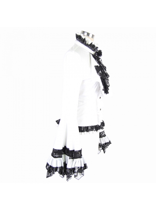 Gothic Style Gorgeous Solid Color Lace Splicing Trumpet Sleeve Ruffled White Cotton Lace Up Shirt