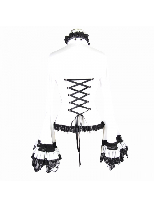 Gothic Style Gorgeous Solid Color Lace Splicing Trumpet Sleeve Ruffled White Cotton Lace Up Shirt