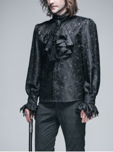 Gothic Style Elegant Shiny Jacquard With Three Dimensional Lace Rose Decoration Black Mock Collar Long Sleeve Shirt