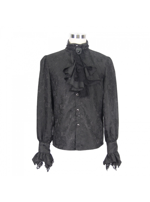 Gothic Style Elegant Shiny Jacquard With Three Dimensional Lace Rose Decoration Black Mock Collar Long Sleeve Shirt