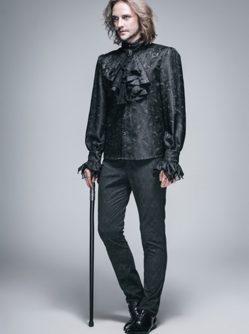 Gothic Style Elegant Shiny Jacquard With Three Dimensional Lace Rose Decoration Black Mock Collar Long Sleeve Shirt