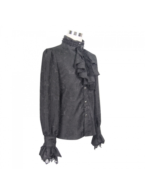 Gothic Style Elegant Shiny Jacquard With Three Dimensional Lace Rose Decoration Black Mock Collar Long Sleeve Shirt