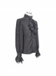 Gothic Style Elegant Shiny Jacquard With Three Dimensional Lace Rose Decoration Black Mock Collar Long Sleeve Shirt