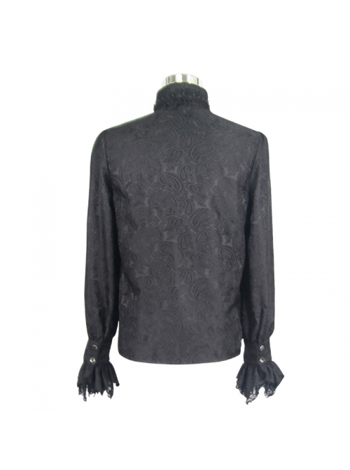 Gothic Style Elegant Shiny Jacquard With Three Dimensional Lace Rose Decoration Black Mock Collar Long Sleeve Shirt