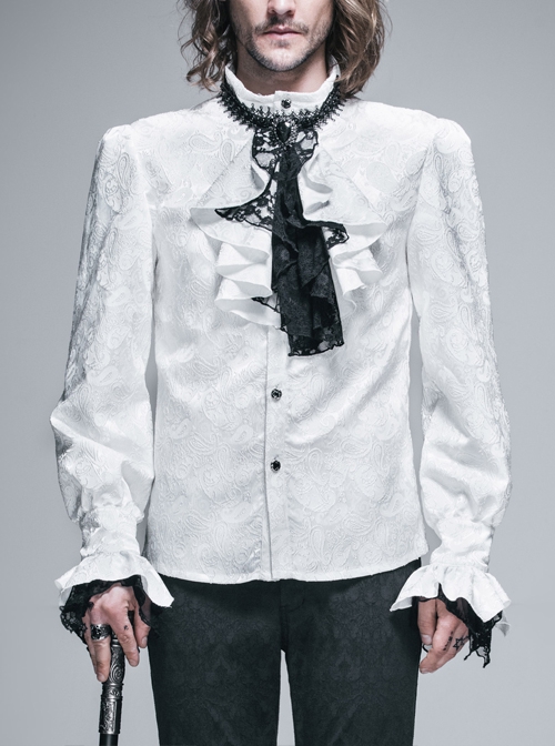 Gothic Style Elegant Shiny Jacquard With Three Dimensional Lace Rose Decoration White Mock Collar Long Sleeve Shirt