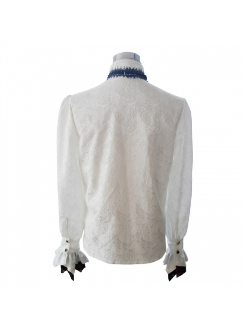 Gothic Style Elegant Shiny Jacquard With Three Dimensional Lace Rose Decoration White Mock Collar Long Sleeve Shirt