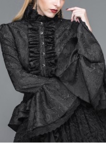 Gothic Style Gorgeous Jacquard Fabric Short Front And Long Back Ruffled Layered Lace Design Black Trumpet Sleeve Blouse