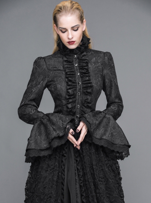 Gothic Style Gorgeous Jacquard Fabric Short Front And Long Back Ruffled Layered Lace Design Black Trumpet Sleeve Blouse