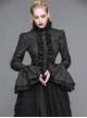 Gothic Style Gorgeous Jacquard Fabric Short Front And Long Back Ruffled Layered Lace Design Black Trumpet Sleeve Blouse