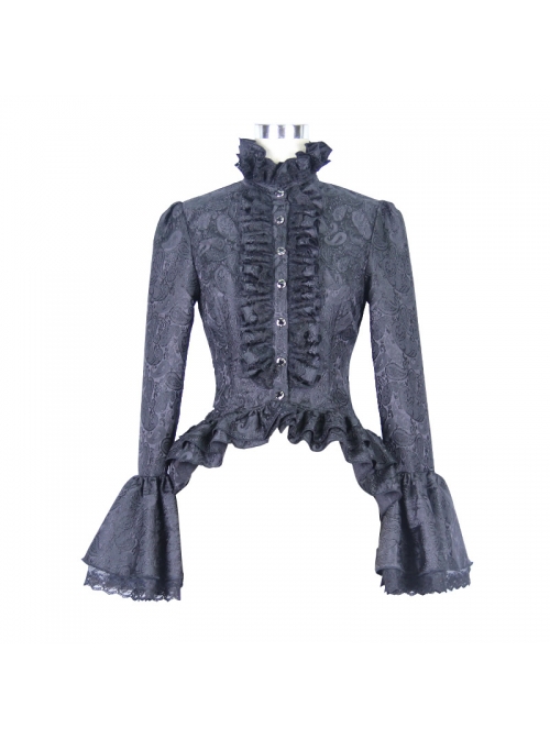 Gothic Style Gorgeous Jacquard Fabric Short Front And Long Back Ruffled Layered Lace Design Black Trumpet Sleeve Blouse