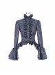 Gothic Style Gorgeous Jacquard Fabric Short Front And Long Back Ruffled Layered Lace Design Black Trumpet Sleeve Blouse