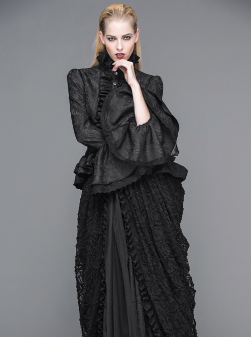 Gothic Style Gorgeous Jacquard Fabric Short Front And Long Back Ruffled Layered Lace Design Black Trumpet Sleeve Blouse