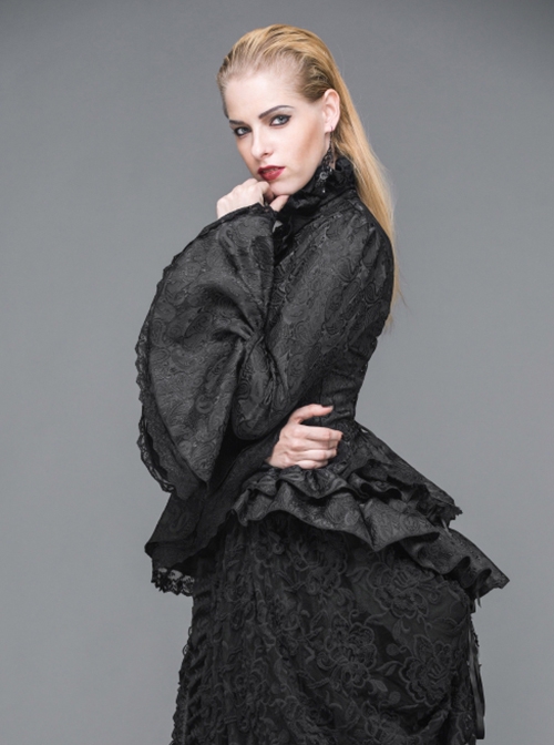 Gothic Style Gorgeous Jacquard Fabric Short Front And Long Back Ruffled Layered Lace Design Black Trumpet Sleeve Blouse