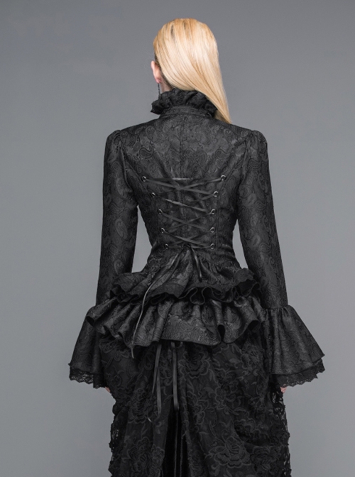 Gothic Style Gorgeous Jacquard Fabric Short Front And Long Back Ruffled Layered Lace Design Black Trumpet Sleeve Blouse