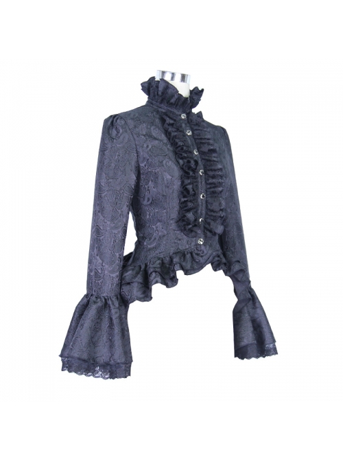 Gothic Style Gorgeous Jacquard Fabric Short Front And Long Back Ruffled Layered Lace Design Black Trumpet Sleeve Blouse