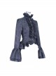 Gothic Style Gorgeous Jacquard Fabric Short Front And Long Back Ruffled Layered Lace Design Black Trumpet Sleeve Blouse