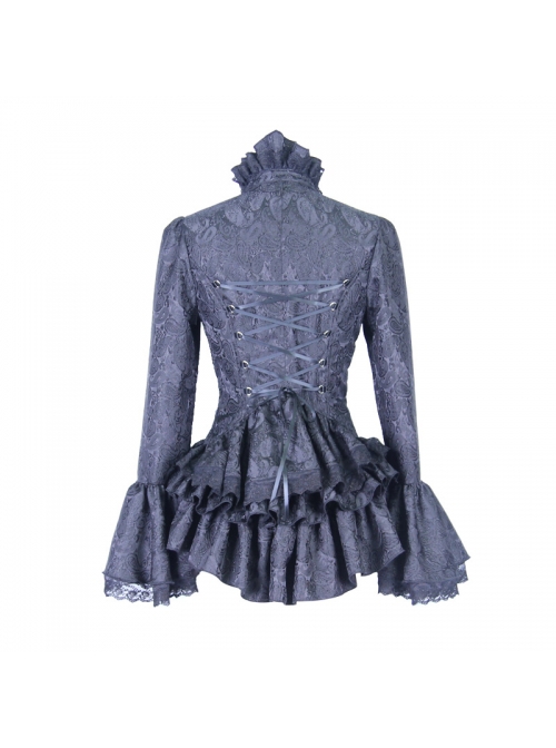 Gothic Style Gorgeous Jacquard Fabric Short Front And Long Back Ruffled Layered Lace Design Black Trumpet Sleeve Blouse