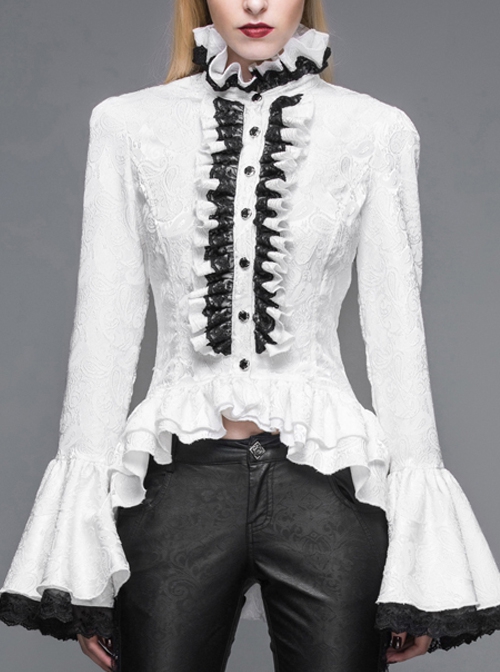 Gothic Style Gorgeous Jacquard Fabric Short Front And Long Back Ruffled Layered Lace Design White Trumpet Sleeve Blouse