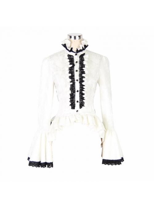 Gothic Style Gorgeous Jacquard Fabric Short Front And Long Back Ruffled Layered Lace Design White Trumpet Sleeve Blouse