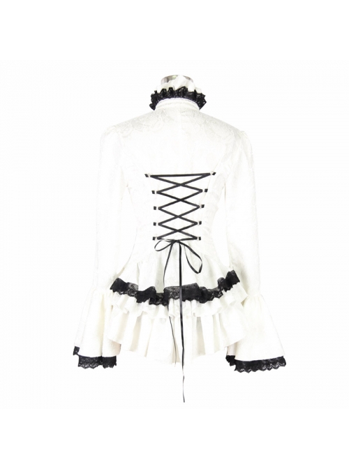 Gothic Style Gorgeous Jacquard Fabric Short Front And Long Back Ruffled Layered Lace Design White Trumpet Sleeve Blouse