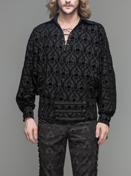 Gothic Style Personalized 3D Weaving With Skull Print Flocking Fabric With Tie Collar Black Long Sleeved Shirt